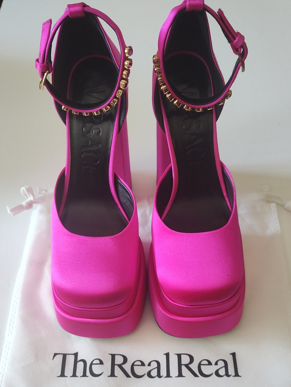 VERSACE Medusa "Aevitas" Fuchsia Satin Crystal Ankle-Strap Pump Size 38 US 7.5